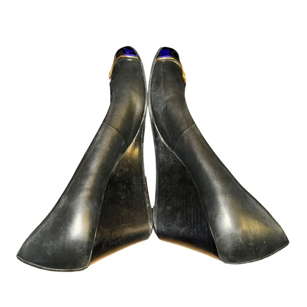Tory Burch Pacey Wedge Heels Women's 10.5 M Black Leather Patent Cap Toe Shoes